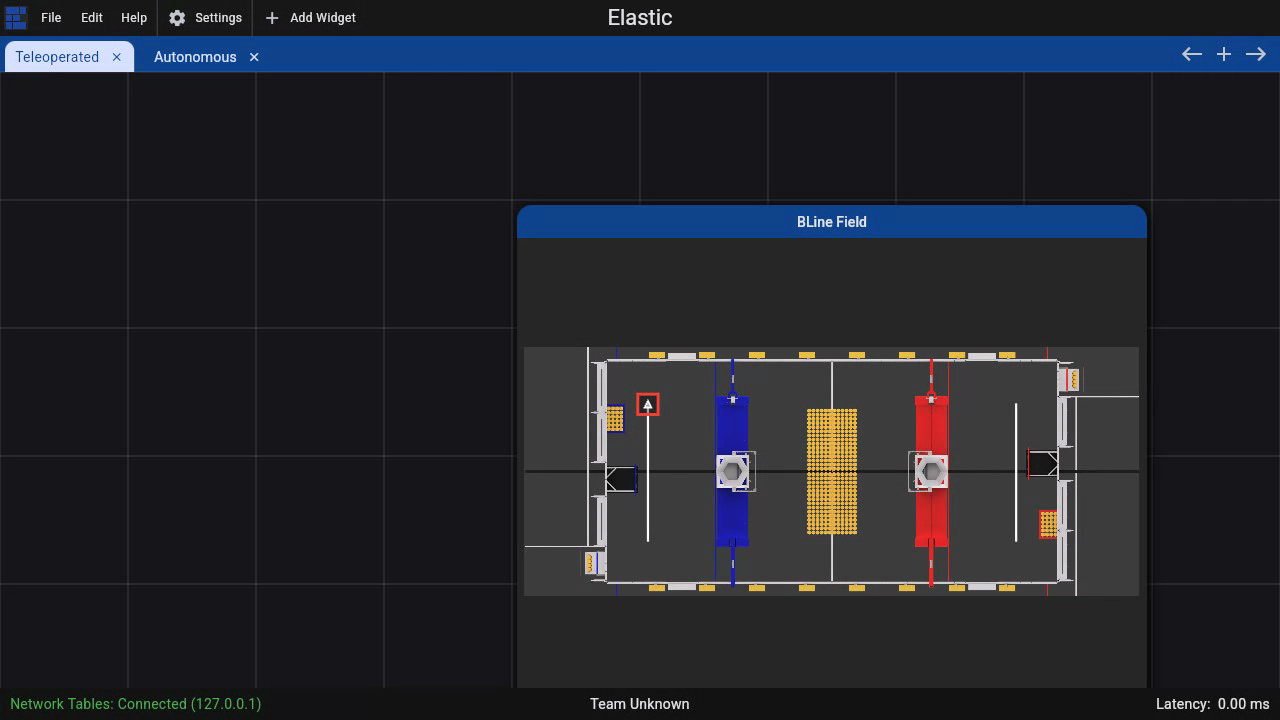 Elastic displaying connected BLine path objects on the 2026 REBUILT field while the live robot pose moves along a clear lane