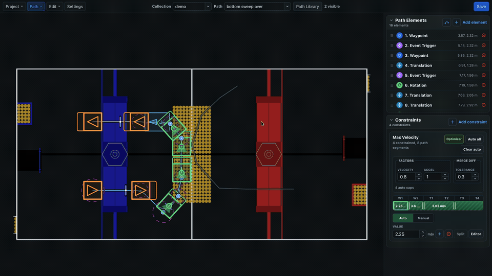 Static final state of the BLine Web simulation on the 2026 REBUILT field