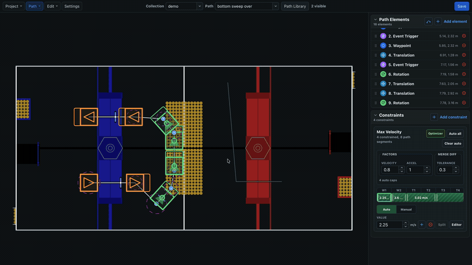 BLine Web simulating a multi-element path around the 2026 REBUILT field from the robot's live geometric progress