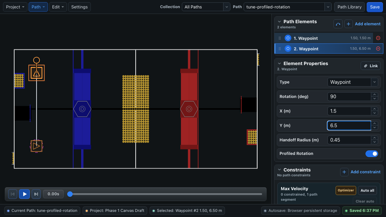 BLine Web profiled-rotation tuning path with a straight translation from zero to a ninety-degree final heading on the 2026 REBUILT field