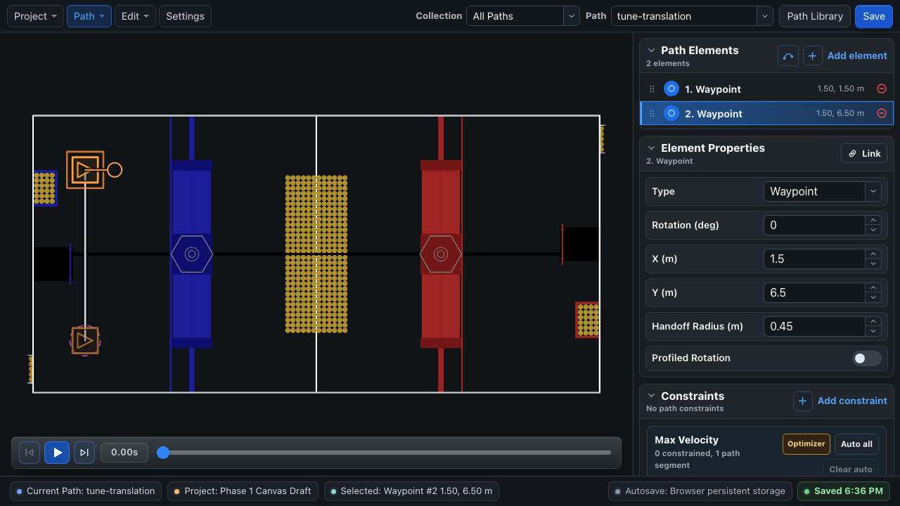 BLine Web translation tuning path using one long straight segment in a clear corridor of the 2026 REBUILT field
